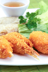 crab claw donuts and spring rolls
