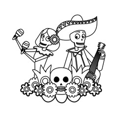 catrina and mariachi skulls playing maracas and guitar