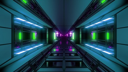 futuristic space sci-fi hangar tunnel corridor with nice reflections and holy christian glowing cross 3d illustration background wallpaper