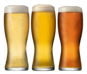 A collection of cold beer brews, including a white beer, a lager and an ale.