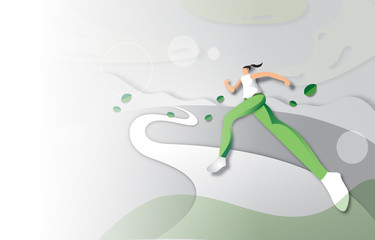Young woman running in beautiful loandscape, Flat modern design for website landingpage.