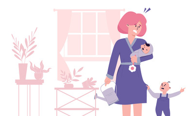 Tired mother trying to combine parenting and housework. Mom is irritated by a toddler and crying newborn can't manage the mess around and has stress. Postpartum depression concept vector illustration.