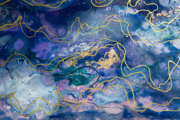 epoxy painting resin art, modern art, unusual texture, blue, white, gold stripes, beautiful background, abstraction