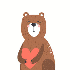 Hand drawn illustration with bear and heart. Colorful cute background. Poster design with animal. Decorative backdrop vector. Funny card