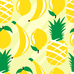 Ripe fruits, hand drawn overlapping background. Colorful tropical wallpaper vector. Seamless pattern with pineapples, lemons, bananas. Decorative colored illustration, good for printing