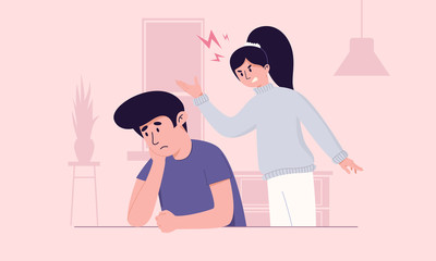 Young family has stressful situation arguing. Woman shouts, man is confused. Couple have relationship problems. Wife and husband can't compromise. Tense home atmosphere concept illustration.
