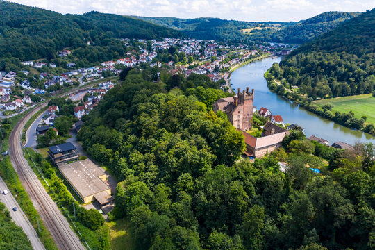 Aerial view of the Vierburgeneck near Neckarsteinach, Baden-W&uuml;rttemberg, Germany