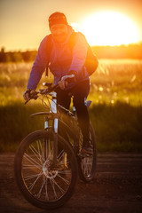 Fototapeta na wymiar Man with a Bicycle in the field at sunset
