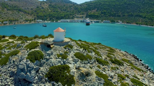 Bay of Symi, panormitis monastery, panoramic the view from the drone. Europe, Greece