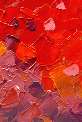 Closeup oil painting of abstract art background.  Fragment of artwork on canvas with spots of paint. Orange brushstrokes of paint. . - illustration