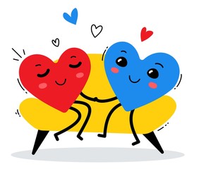 Vector illustration of red and blue smiling happy heart sitting