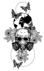 Fototapeta premium Tattoo art skull flowers hand drawing black and white