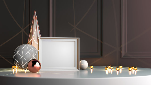 3d render illustration with christmas symbols staying on the round white platform. Frame, light ball, lamp garland and metallic cone in modern design scene. Festive template for social media.