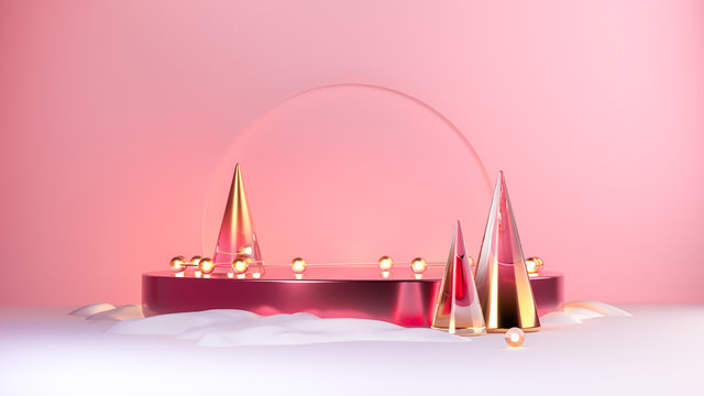3d render illustration with christmas symbols staying on the round pink platform. Glass cones, lamp garland, and snow in dreamy design scene. Festive template for social media.