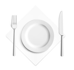 Set cutlery of fork, knife and plate. Vector illustration on white background. Ready for your design. EPS10