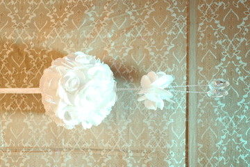 Hand made paper flower ball hanging on satge, Wedding decoration in Bangladesh.