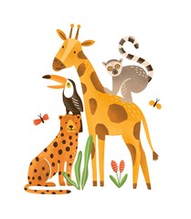 Tropical animals flat vector illustration. Exotic fauna, wildlife. Cartoon giraffe, monkey, lemur, toucan and leopard. Tropical forest and savanna inhabitants isolated on white background.