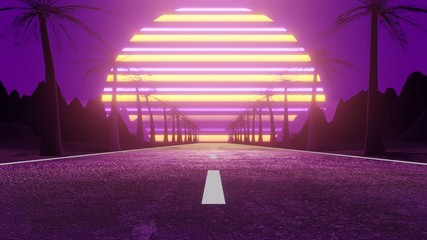 80s Synthwave road with palm trees