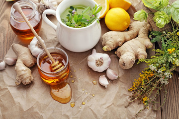 Honey, garlic, herbs, lemon and ginger - natural medicine, healthy food