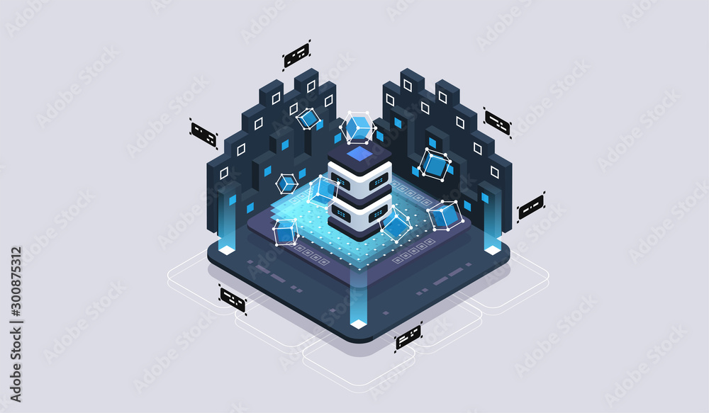 Fototapete Isometric design concept virtual reality and augmented reality. software development and programming. Computation of big data center, quantum computer isometric vector technology
