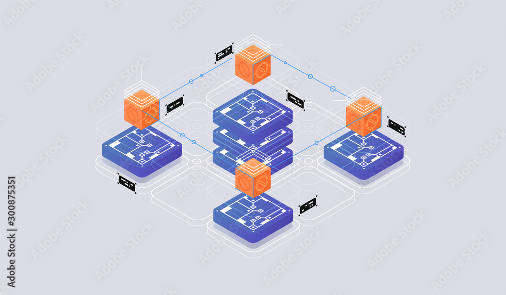 Fototapete Isometric design concept virtual reality and augmented reality. software development and programming. Computation of big data center, quantum computer isometric vector technology