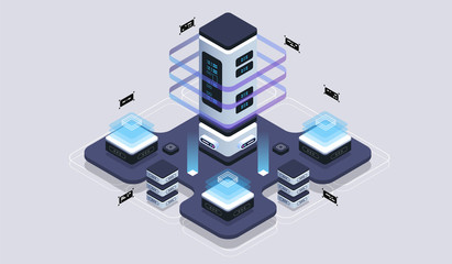 Isometric design concept virtual reality and augmented reality. software development and programming. Computation of big data center, quantum computer isometric vector technology