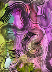 Watercolor background with purple pink green spots and wavy gray and black lines. Abstract contrast rectangular composition. Black wrinkled lines on the background of bright streaks of paint.