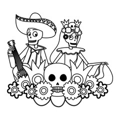 catrina and mariachi skulls dancing and playing guitar