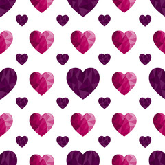 Sweet seamless pattern with repeatable polygonal purple and pink hearts. Romantic ornament for cards, banners, invitations, scrapbook, wrapping paper, packets. Vector illustration