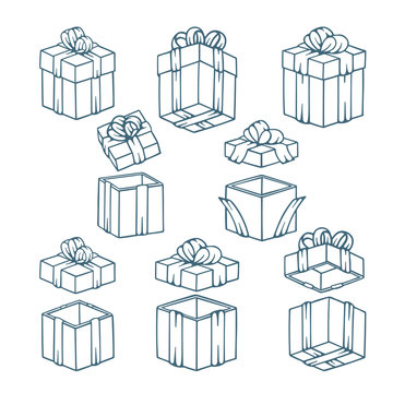 Gift Box. Hand Drawn Gift Boxes With Closed And Opened Top. Gift Boxes Realistic Vector Sketch Illustrations Collection. Part Of Set.