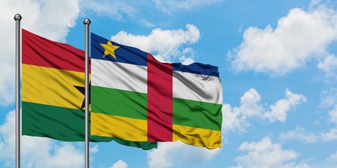 Ghana and Central African Republic flag waving in the wind against white cloudy blue sky together. Diplomacy concept, international relations.