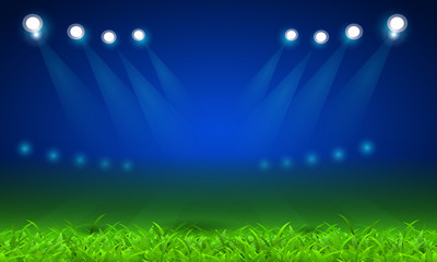 Soccer field, green grass and bright sports light. Vector