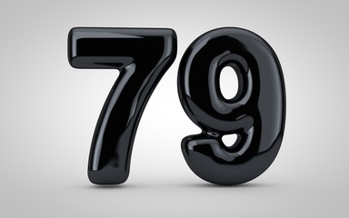 Black glossy balloon number 79 isolated on white background.