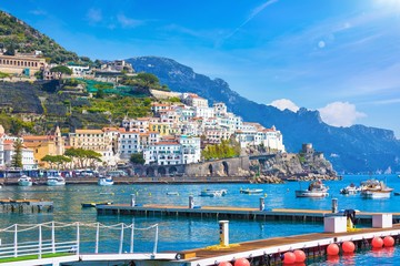 Beautiful seaside town Amalfi in province of Salerno, Campania, Italy. Amalfi coast is popular travel and holyday destination in Europe.