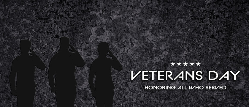 American National Holiday. United States soldiers on black background. Text: VETERANS DAY. HONORING ALL WHO SERVED.