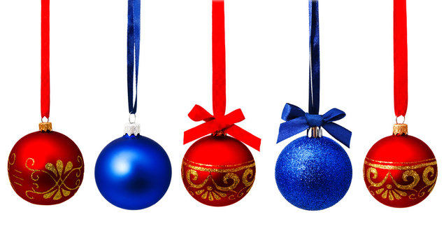 Collection of photos hunging blue and red christmas balls isolated on a white