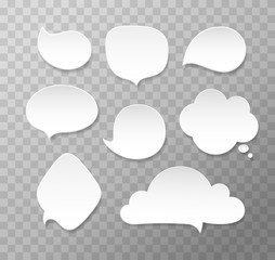 Vector set of white paper speech bubbles.  Thought, dreams balloons. Message blank isolated on transparent background