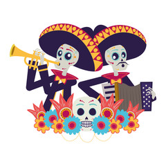 mexican mariachis skulls playing trumpet and accordion