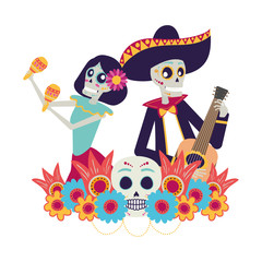 catrina and mariachi skulls playing maracas and guitar