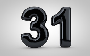 Black glossy balloon number 31 isolated on white background.