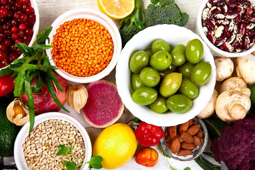 Healthy food selection, clean eating. Fruit, vegetable, seeds