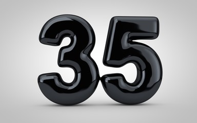 Black glossy balloon number 35 isolated on white background.