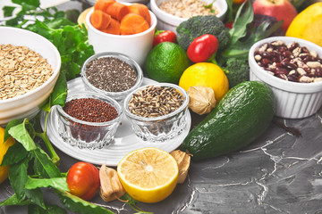Selection of healthy food, clean eating concept, vegan foods. Top view, flat lay, copy space..