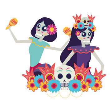 mexican katrinas skulls playing maracas comic characters