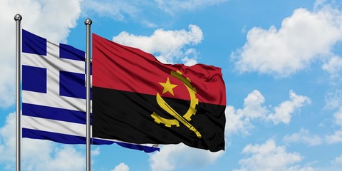 Greece and Angola flag waving in the wind against white cloudy blue sky together. Diplomacy concept, international relations.