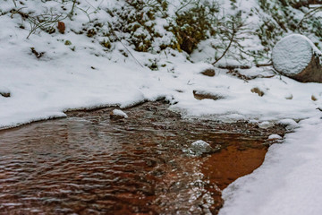 winter peat flow in snowy shores in the winter forest