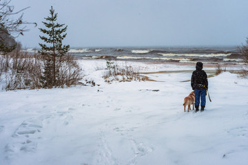 human with a dog on the winter shore of an ocean