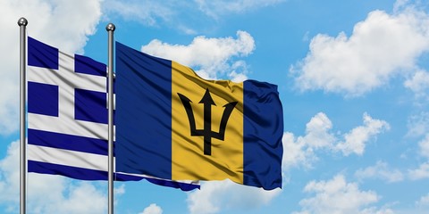 Greece and Barbados flag waving in the wind against white cloudy blue sky together. Diplomacy concept, international relations.