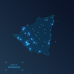 Obraz premium Nicaragua map with cities. Luminous dots - neon lights on dark background. Vector illustration.