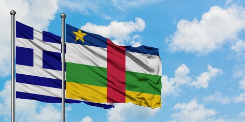 Greece and Central African Republic flag waving in the wind against white cloudy blue sky together. Diplomacy concept, international relations.